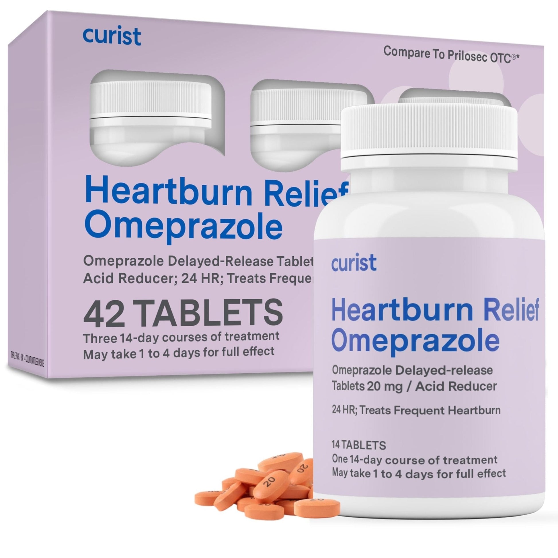 Curist Omeprazole 20mg Tablets - 42 Count Delayed-Release Tablets - Acid Reflux Medicine for Heartburn Relief - Maple Wellness Supplements