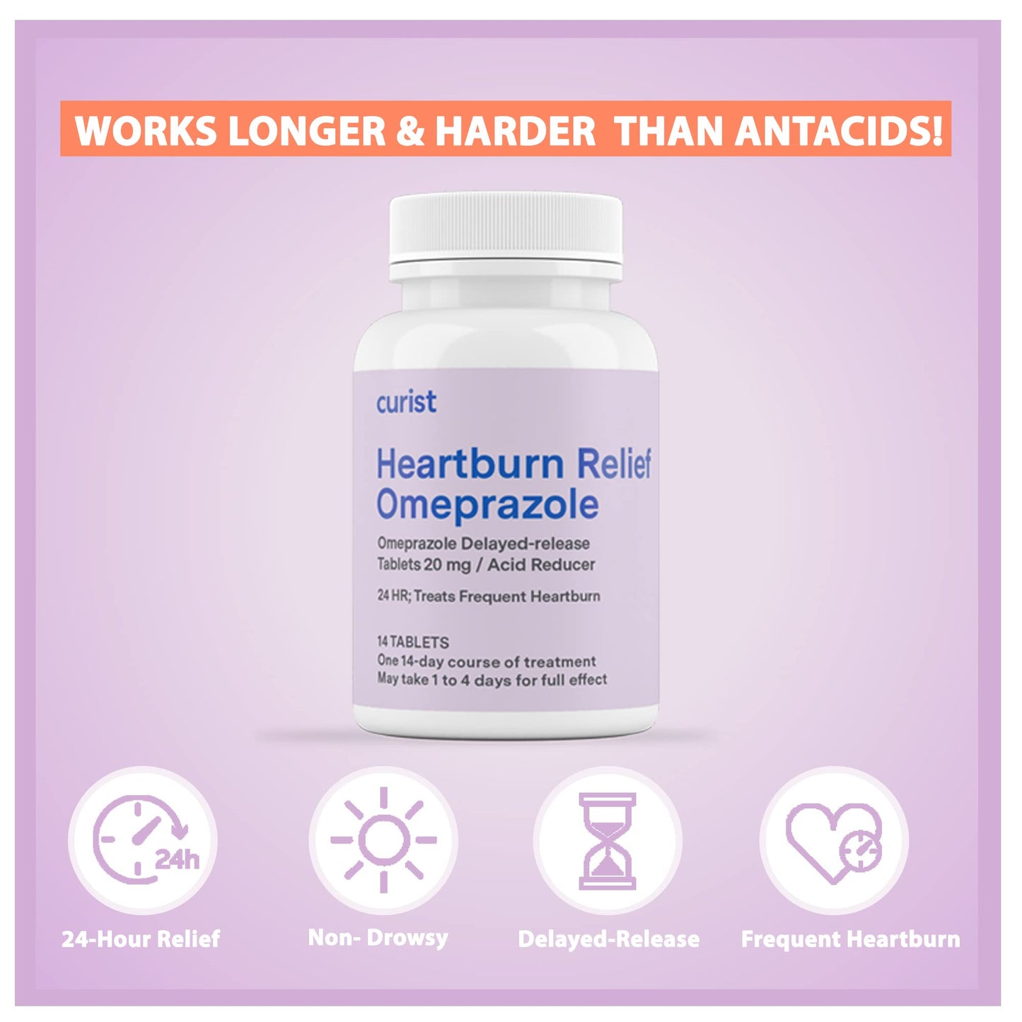 Curist Omeprazole 20mg Tablets - 42 Count Delayed-Release Tablets - Acid Reflux Medicine for Heartburn Relief - Maple Wellness Supplements