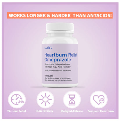 Curist Omeprazole 20mg Tablets Bulk Pack - 84Count Delayed-Release Tablets - Acid Reflux Medicine for Heartburn Relief (2 Pack of 42 Tablets - 84 Total) - Maple Wellness Supplements