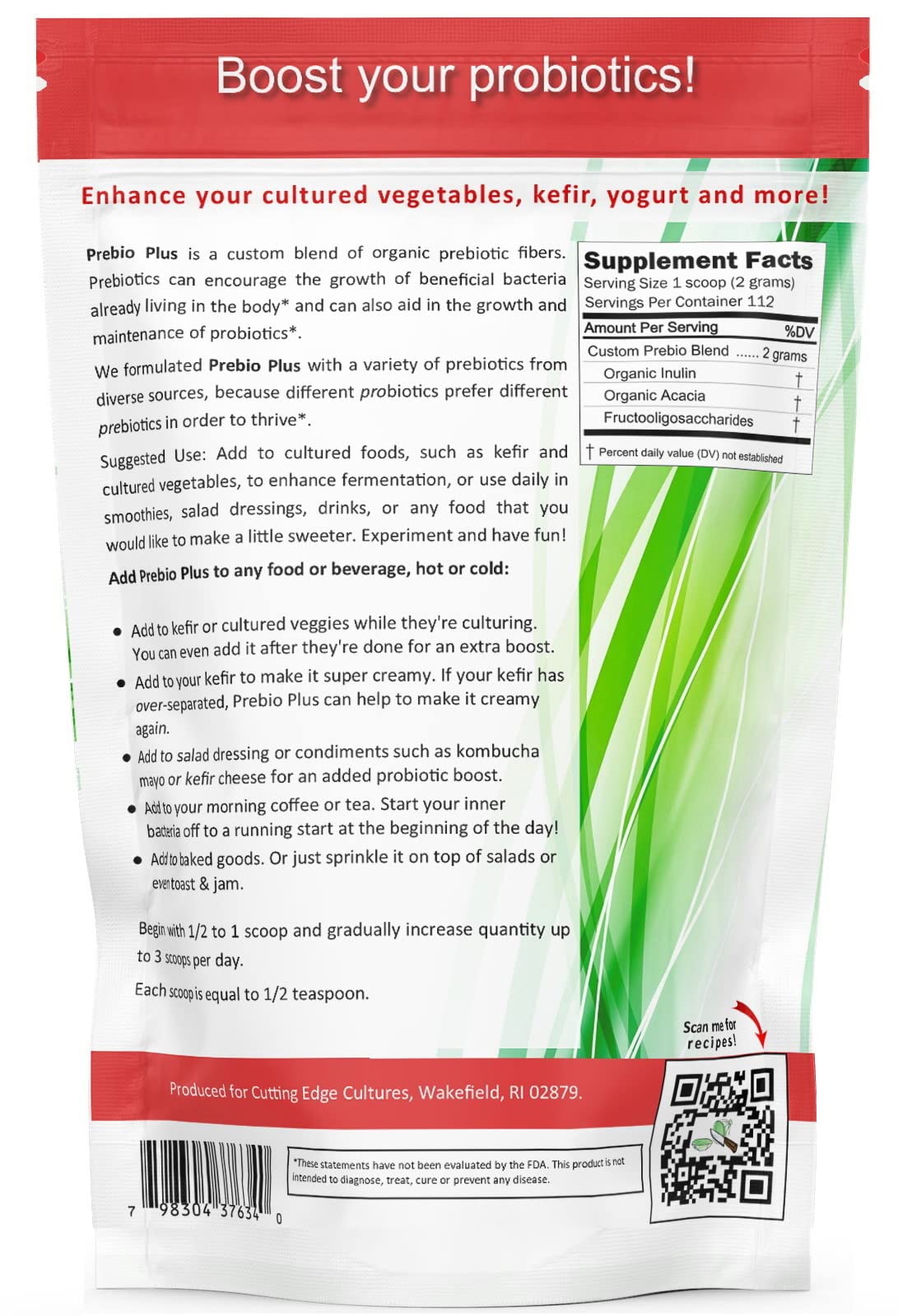 Cutting Edge Cultures Prebio Plus Prebiotic Fiber Powder Best Custom Blend of Organic Prebiotic Fibers Dietary Supplement 8 oz - Maple Wellness Supplements