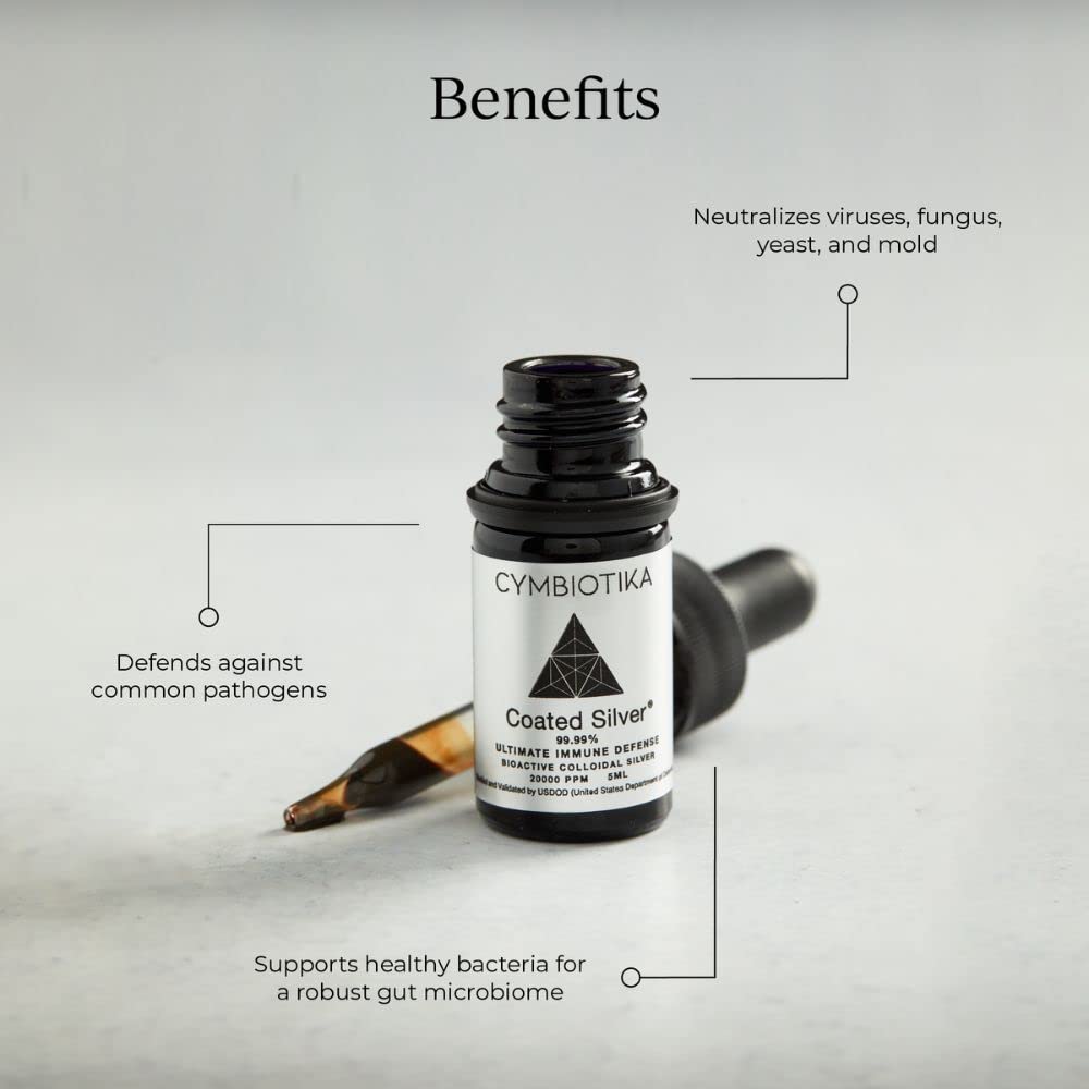 CYMBIOTIKA Colloidal Silver Liquid Supplement with Coated Silver, 20,000 PPM Mineral Concentrate, Immune Support Supplement for Adults, Easy to Use, 5 ml - Maple Wellness Supplements