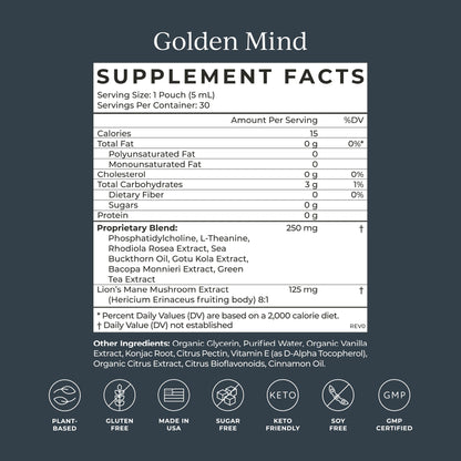CYMBIOTIKA Golden Mind Nootropic - Boosts Focus, Memory, Alertness, Supports Nervous System with Bacopa, Green Tea, Lion’s Mane, L-Theanine, Rhodiola | 30 Pouches - Maple Wellness Supplements