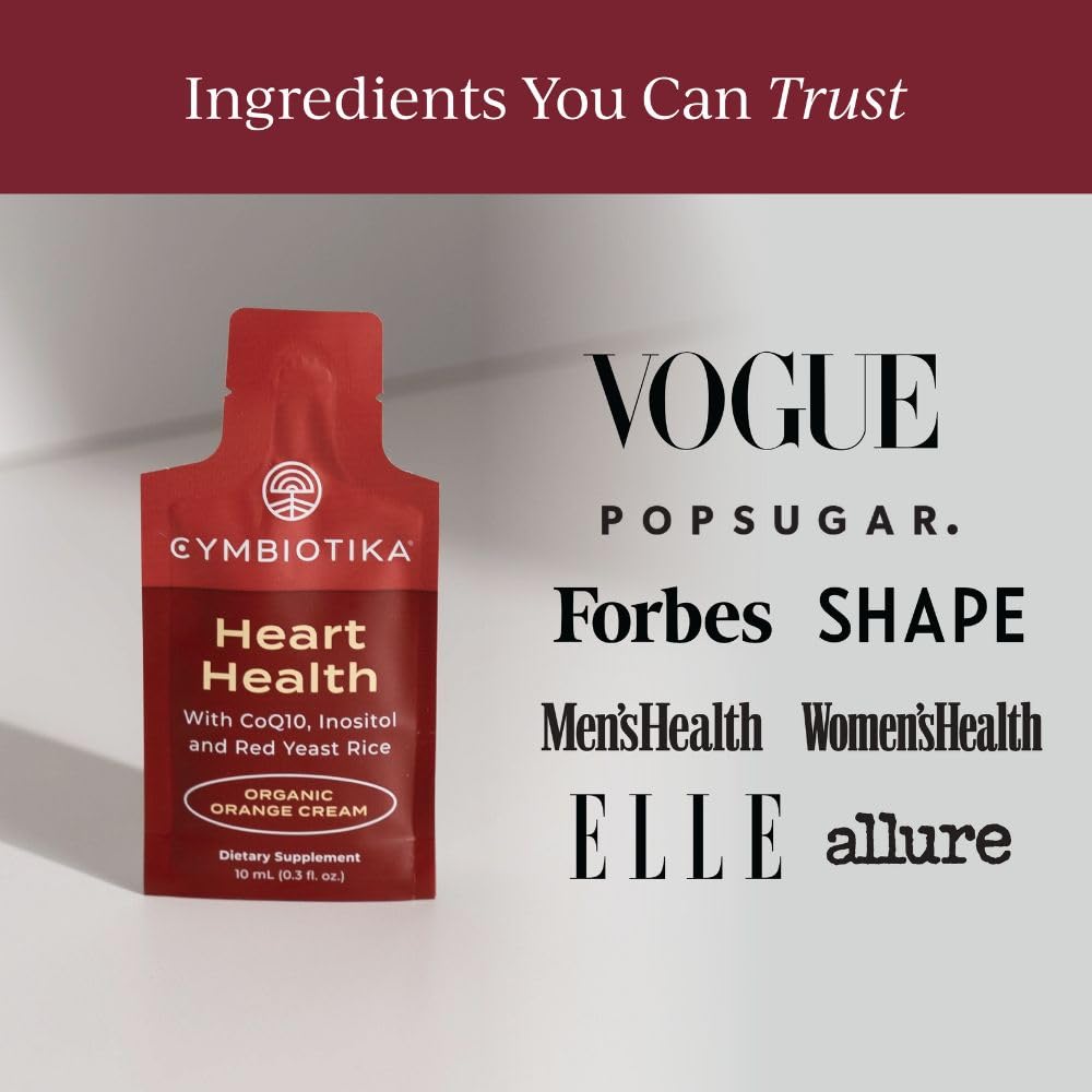 CYMBIOTIKA Heart Health Supplement with CoQ10, Red Yeast Rice & Inositol, Gluten Free Supplements to Support Circulation & Aging, Organic Orange Cream Flavor, 30 Pack - Maple Wellness Supplements