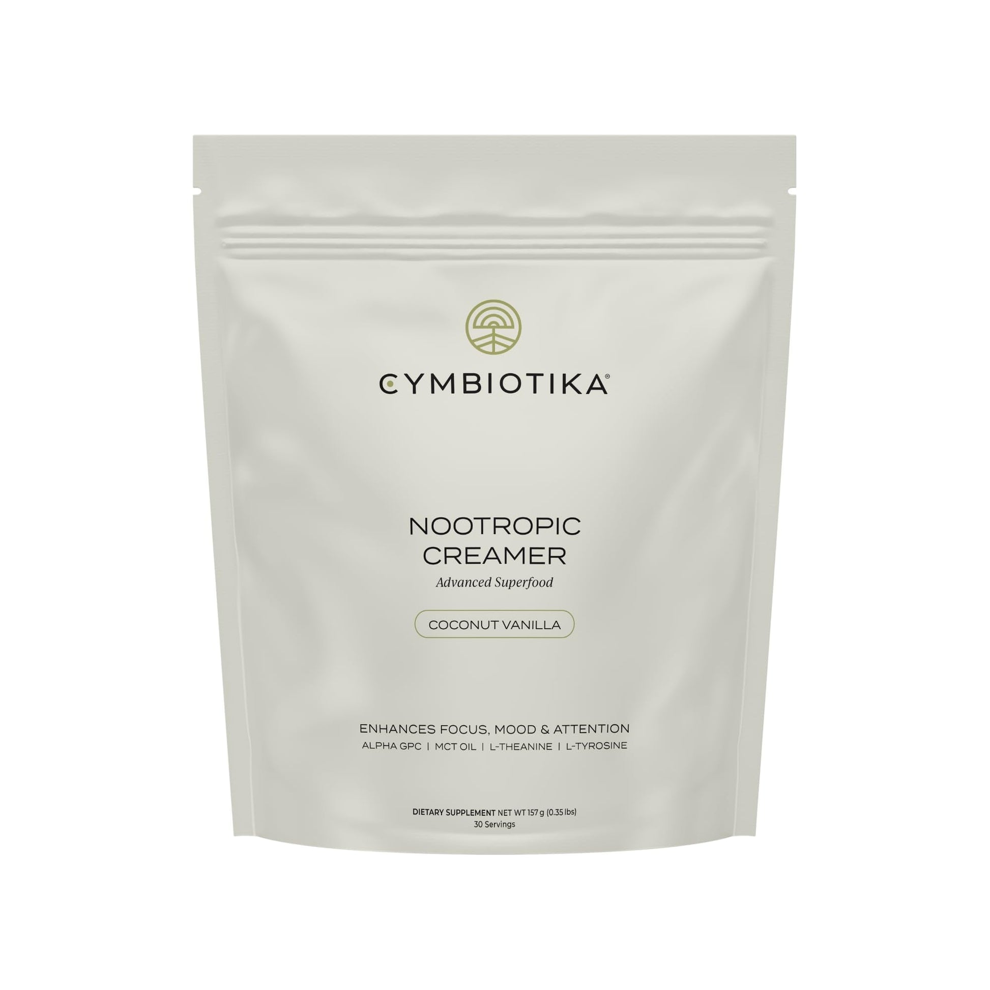 CYMBIOTIKA Nootropic Creamer – MCT Oil, Alpha GPC, L-Theanine – Keto, Vegan, Sugar-Free Coffee Creamer for Focus, Energy & Mental Clarity – Coconut Vanilla Flavor, 30 Servings - Maple Wellness Supplements