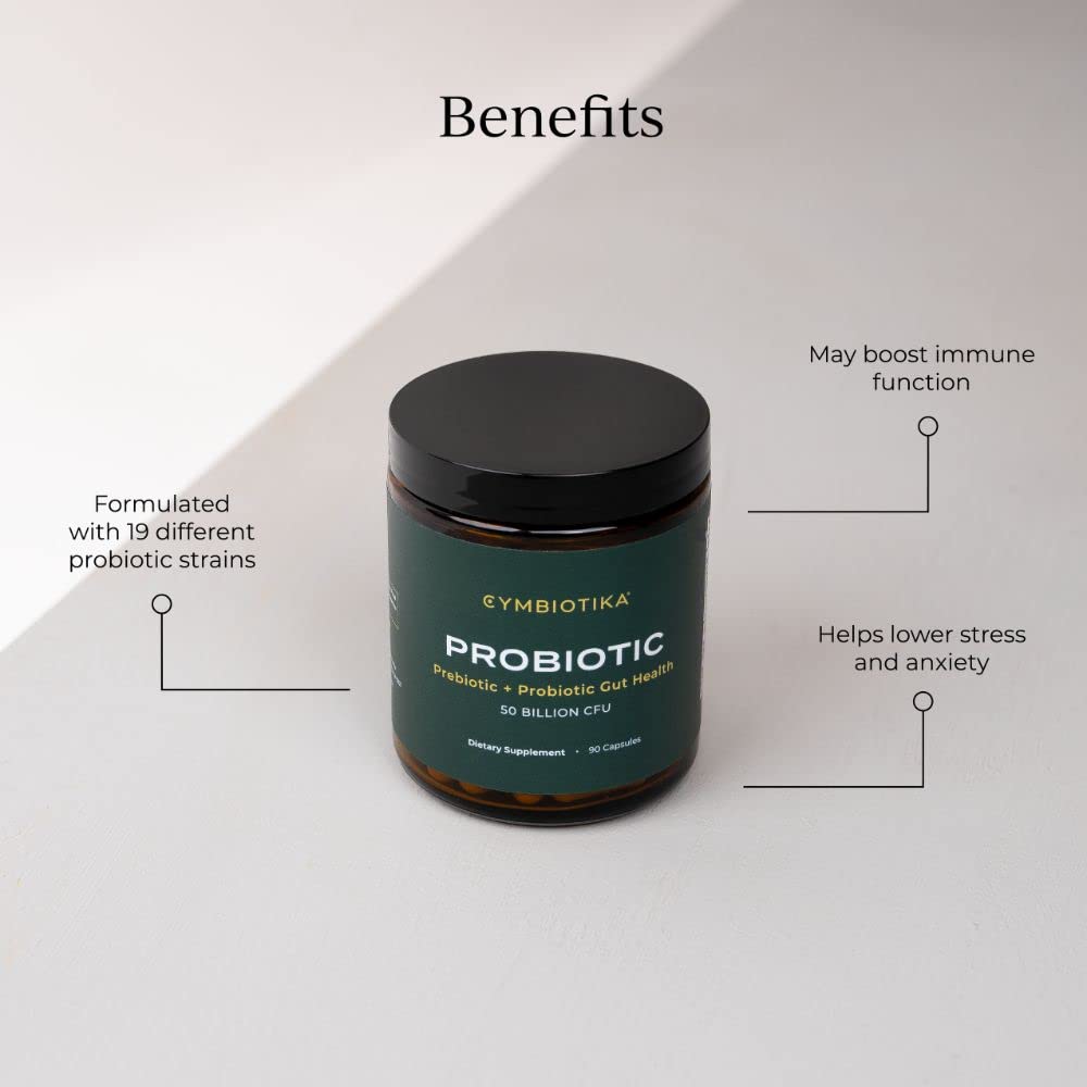 CYMBIOTIKA Probiotic + Prebiotic, 60 Billion CFU - 19 Strains, Gut Health Supplement for Women & Men, Immune Support, Digestive Health, & Gut Balance, 90 Capsules, 1 Month Supply, Made in USA - Maple Wellness Supplements