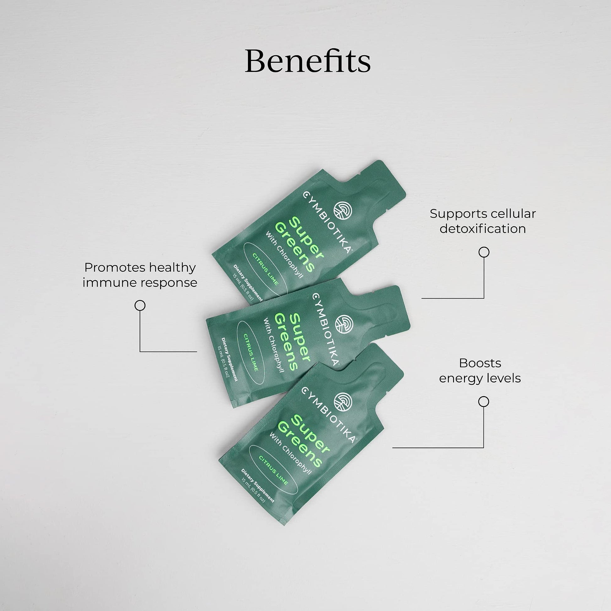 CYMBIOTIKA Super Greens Supplement with Chlorophyll, Spirulina, Daily Vegan Superfood Packets for Digestive Gut Health, Detox, Energy and Immune Support, Citrus Lime Flavor, 15 mL Pouches, 30 Pack - Maple Wellness Supplements