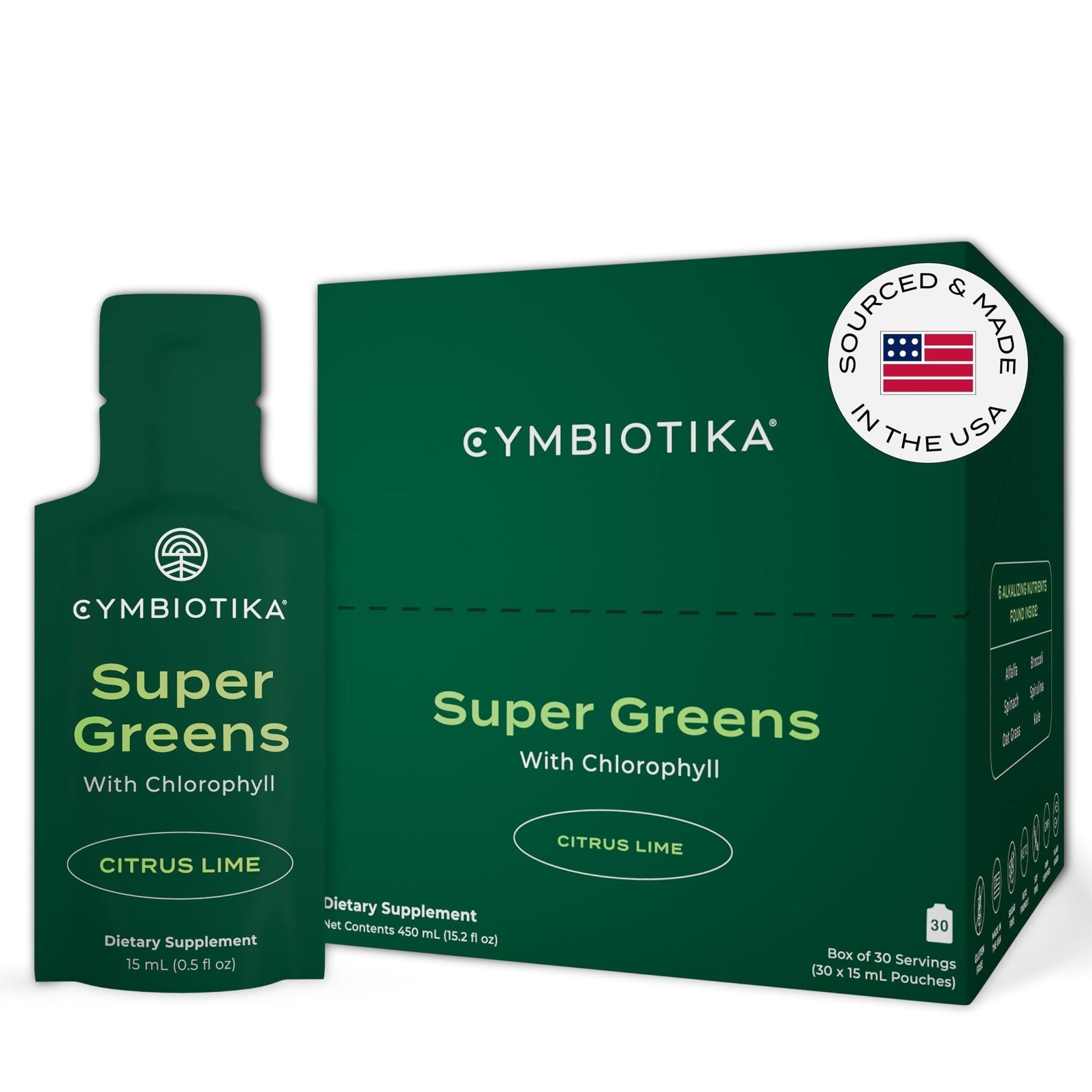 CYMBIOTIKA Super Greens Supplement with Chlorophyll, Spirulina, Daily Vegan Superfood Packets for Digestive Gut Health, Detox, Energy and Immune Support, Citrus Lime Flavor, 15 mL Pouches, 30 Pack - Maple Wellness Supplements