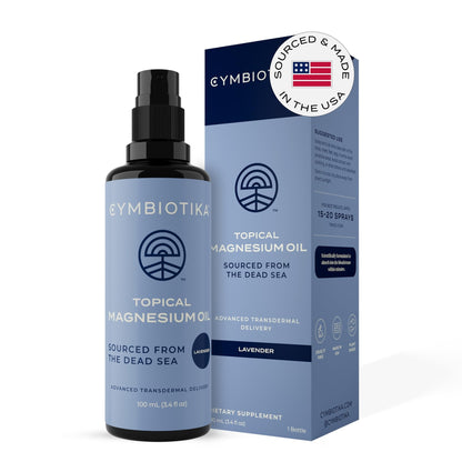 CYMBIOTIKA Topical Magnesium Oil Spray for Body, USA Made, Supplement for Leg Cramps, Muscle, Joint Health & Sleep Support, Includes Magnesium Chloride, Lavender Extract, Aloe Vera - Skin Applicator - Maple Wellness Supplements