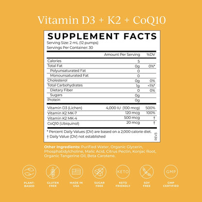CYMBIOTIKA Vitamin D3 + K2 + CoQ10 Liquid, Vitamin D Supplement for Immune Support, Heart Health & Bone Health, Energy Booster, Liposomal Delivery, Vegan, Keto Ingredients, Tangerine Flavor - Maple Wellness Supplements