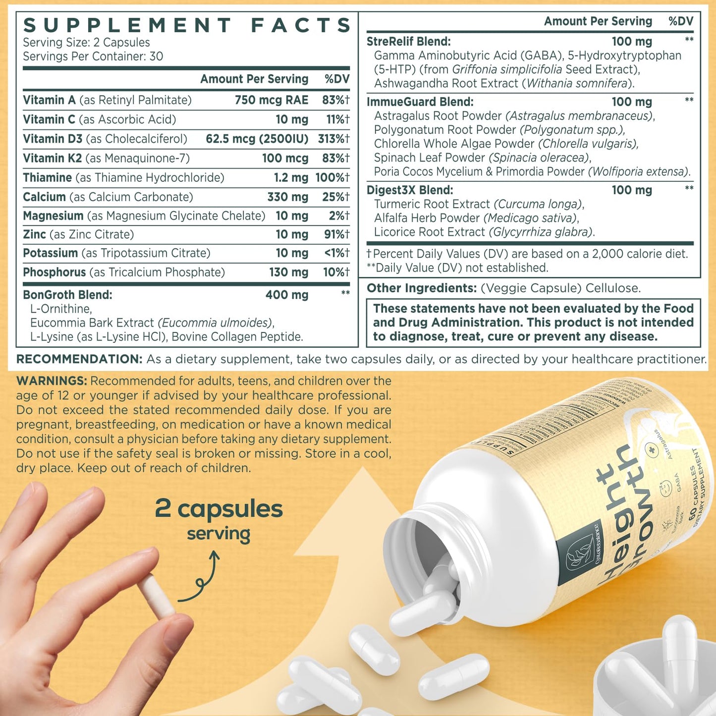CystoRebalance 25-in 1 Bone Strength Supplement - for Natural Growth, Digestion and Stress - High Absorption - Calcium, Magnesium, Zinc, Ashwaganda and Multivitamins for Age 12+ | 60 Caps - Maple Wellness Supplements