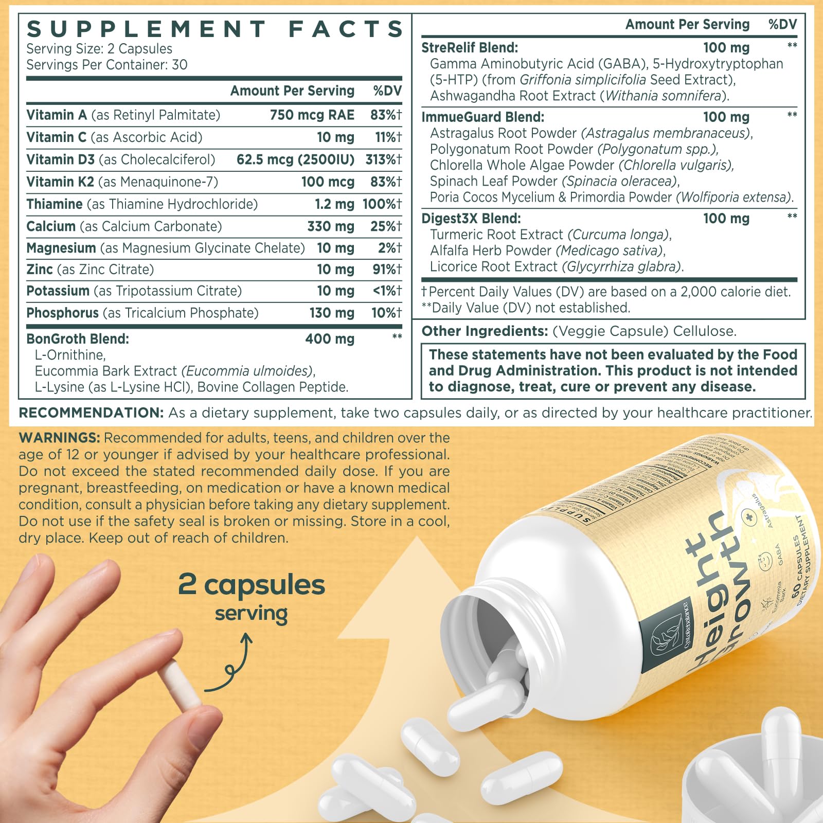 CystoRebalance 25-in 1 Bone Strength Supplement - for Natural Growth, Digestion and Stress - High Absorption - Calcium, Magnesium, Zinc, Ashwaganda and Multivitamins for Age 12+ | 60 Caps - Maple Wellness Supplements