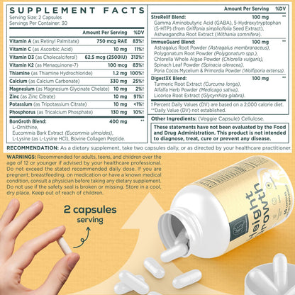 CystoRebalance 25-in 1 Bone Strength Supplement - for Natural Growth, Digestion and Stress - High Absorption - Calcium, Magnesium, Zinc, Ashwaganda and Multivitamins for Age 12+ | 60 Caps - Maple Wellness Supplements