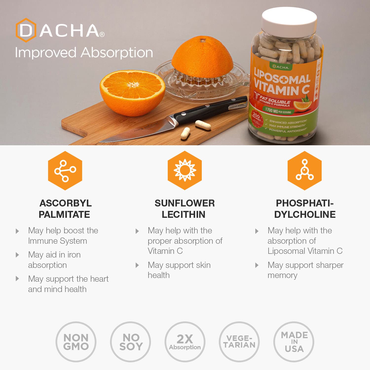 DACHA Natural Liposomal Vitamin C - 1700mg, 200 Capsules, Immune System & Collagen Booster, High Absorption Fat Soluble VIT C - Maple Wellness Supplements