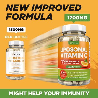 DACHA Natural Liposomal Vitamin C - 1700mg, 200 Capsules, Immune System & Collagen Booster, High Absorption Fat Soluble VIT C - Maple Wellness Supplements
