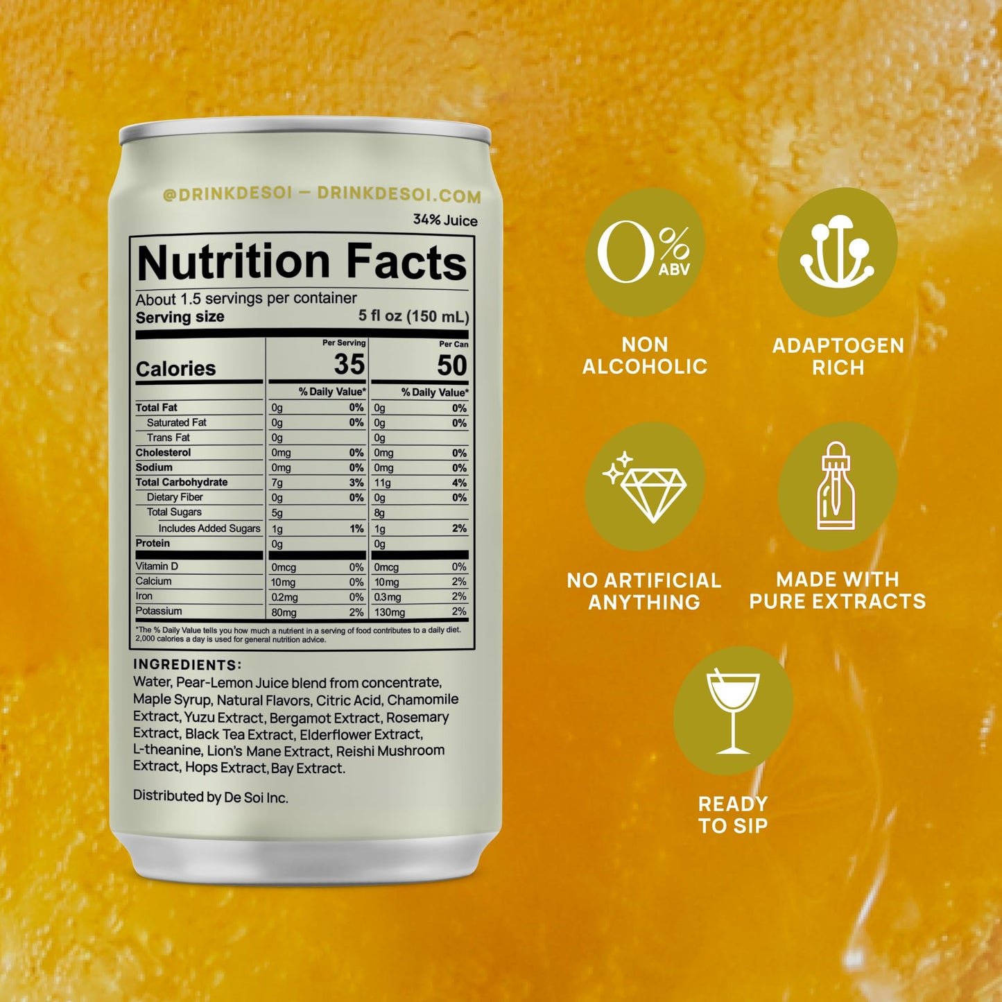 De Soi Golden Hour Mocktails NA Drinks 8 fl oz (12-pack) - Adaptogen Drink, Sparkling Drink with Calming Botanicals, Mocktail Drinks, Gluten Free, No Artificial Flavors - Maple Wellness Supplements