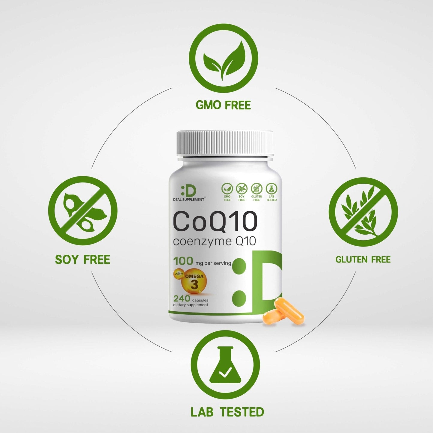DEAL SUPPLEMENT CoQ10 100mg with Omega 3 100mg, 240 Capsules | Bioavailable Coenzyme Q10 Formula | Non-GMO - Maple Wellness Supplements