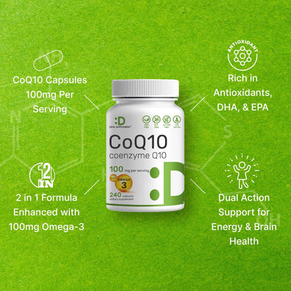 DEAL SUPPLEMENT CoQ10 100mg with Omega 3 100mg, 240 Capsules | Bioavailable Coenzyme Q10 Formula | Non-GMO - Maple Wellness Supplements