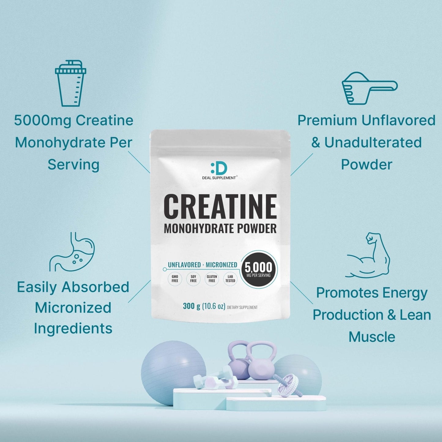 DEAL SUPPLEMENT Instant Creatine Monohydrate Powder, 5g Per Serving – 60 Servings | Micronized, Unflavored, Fast Absorbing Formula - Maple Wellness Supplements