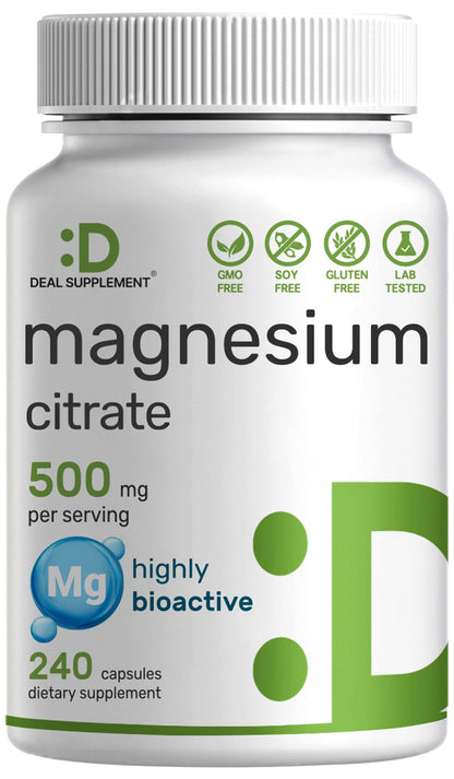 DEAL SUPPLEMENT Magnesium Citrate 500mg, 240 Capsules | Easily Absorbed, Purified Trace Mineral – One a Day, Non-GMO - Maple Wellness Supplements