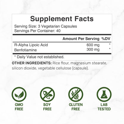 DEAL SUPPLEMENT R Alpha Lipoic Acid 600mg with Benfotiamine 300mg Per Serving, 120 Veggie Capsules – 200mg R-ALA Per Capsule – Antioxidant Supplement - Maple Wellness Supplements