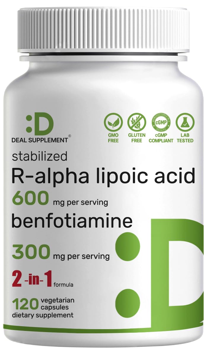 DEAL SUPPLEMENT R Alpha Lipoic Acid 600mg with Benfotiamine 300mg Per Serving, 120 Veggie Capsules – 200mg R-ALA Per Capsule – Antioxidant Supplement - Maple Wellness Supplements