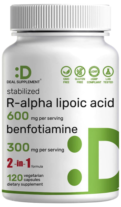 DEAL SUPPLEMENT R Alpha Lipoic Acid 600mg with Benfotiamine 300mg Per Serving, 120 Veggie Capsules – 200mg R-ALA Per Capsule – Antioxidant Supplement - Maple Wellness Supplements