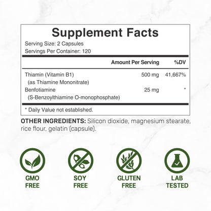 DEAL SUPPLEMENT Vitamin B1 500mg with Benfotiamine, 240 Capsules – 2 in 1 Enhanced Formula – Fat & Water Soluble Thiamine B1 Supplement - Maple Wellness Supplements