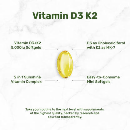 DEAL SUPPLEMENT Vitamin D3 5,000 IU + K2 MK7 Softgels, 250 Count | 2-in-1 Complex | Easy to Swallow - Maple Wellness Supplements