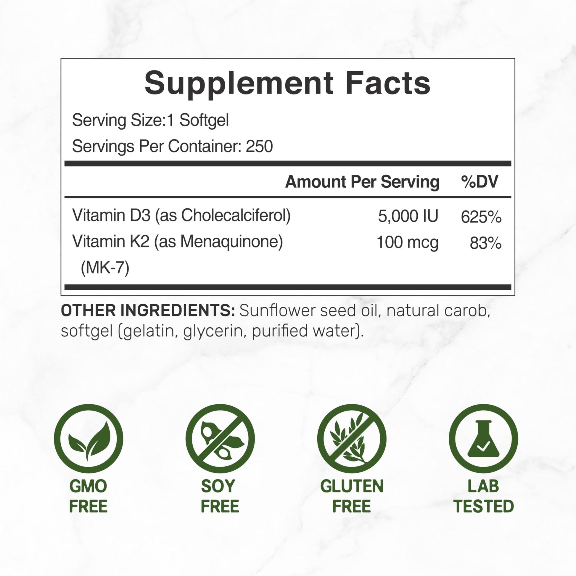 DEAL SUPPLEMENT Vitamin D3 5,000 IU + K2 MK7 Softgels, 250 Count | 2-in-1 Complex | Easy to Swallow - Maple Wellness Supplements