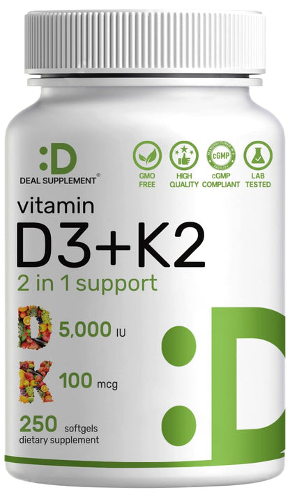 DEAL SUPPLEMENT Vitamin D3 5,000 IU + K2 MK7 Softgels, 250 Count | 2-in-1 Complex | Easy to Swallow - Maple Wellness Supplements