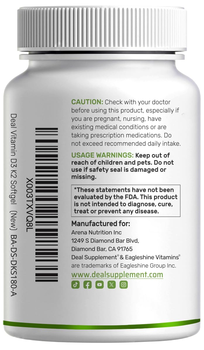 DEAL SUPPLEMENT Vitamin D3 5,000 IU + K2 MK7 Softgels, 250 Count | 2-in-1 Complex | Easy to Swallow - Maple Wellness Supplements