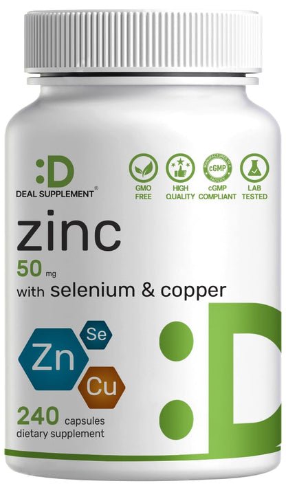Deal Supplement Zinc 50mg with Selenium + Copper, 240 Capsules, 8 Month Supply, 3 in 1 Mineral Formula, Zinc Picolinate Complex Supplement - Maple Wellness Supplements