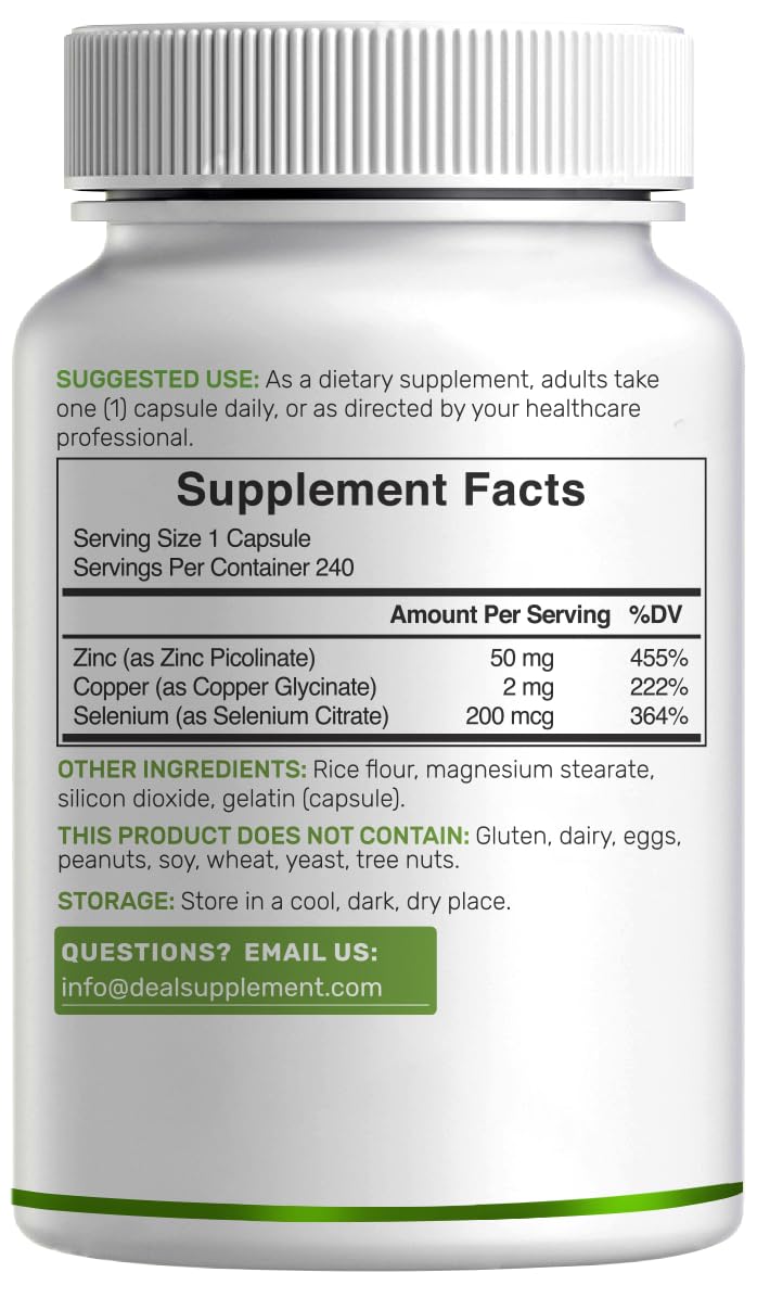 Deal Supplement Zinc 50mg with Selenium + Copper, 240 Capsules, 8 Month Supply, 3 in 1 Mineral Formula, Zinc Picolinate Complex Supplement - Maple Wellness Supplements