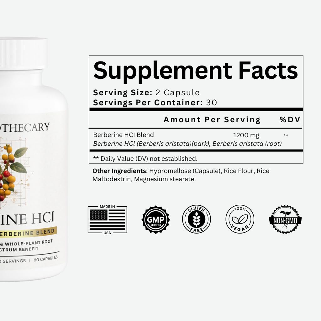 Dear Apothecary Berberine HCl 1200mg Supplement - Dual Source Bark & Root Extract - Berberis Aristata - USA Grown Botanical Extract - Maple Wellness Supplements