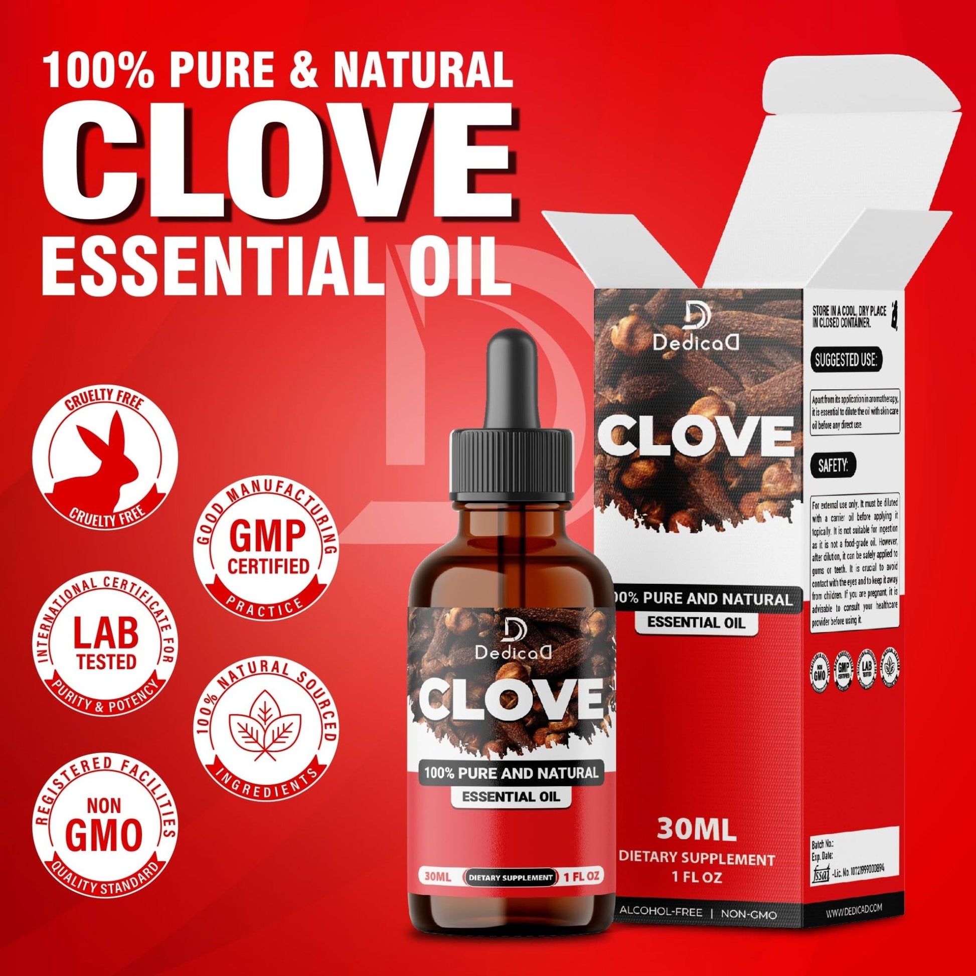 DEDICAD - 1 FL Oz - 30ml - Clove Essential Oil Supplement – for Toothache, Oral Care, Skin & Hair – Clove Oil Organic - Maple Wellness Supplements