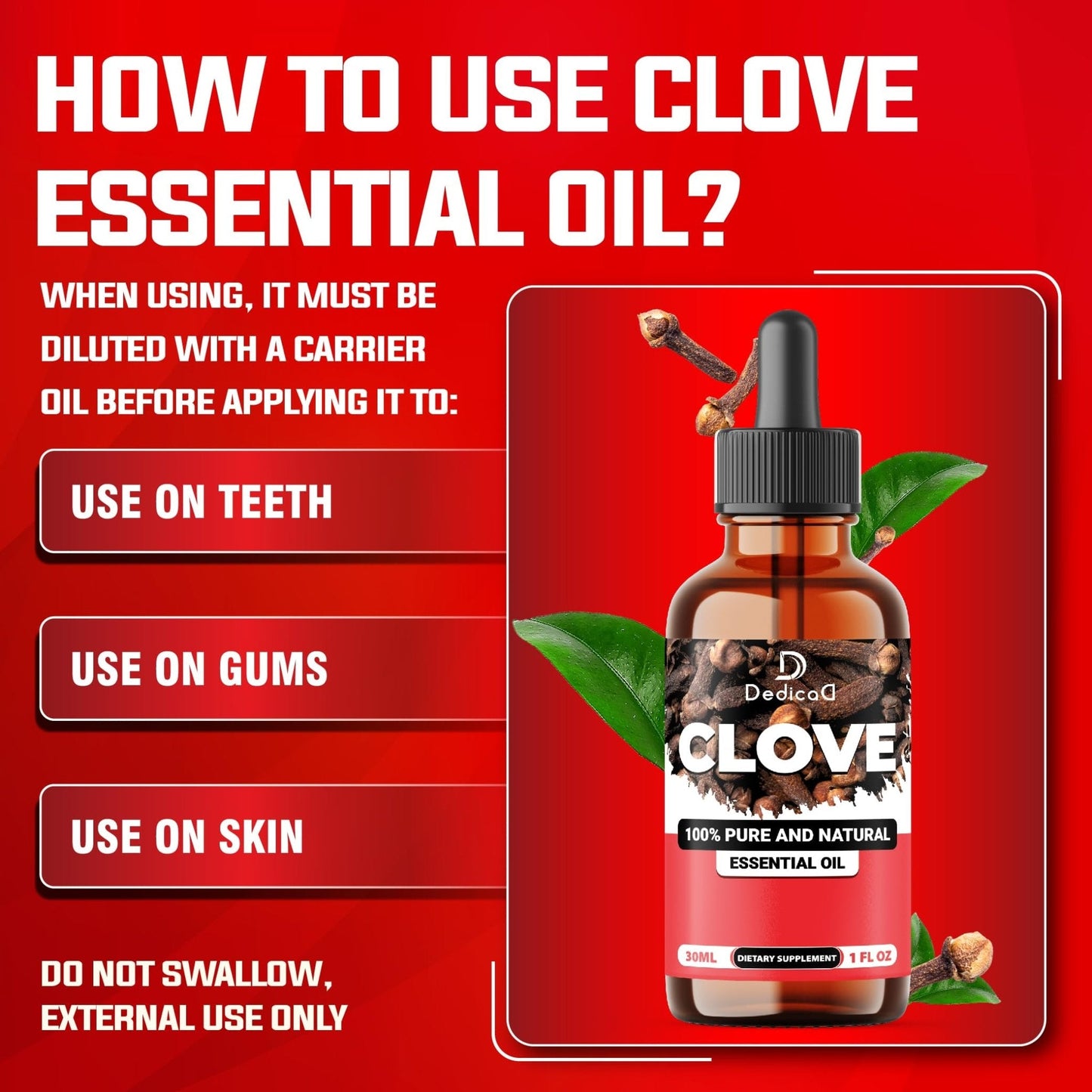 DEDICAD - 1 FL Oz - 30ml - Clove Essential Oil Supplement – for Toothache, Oral Care, Skin & Hair – Clove Oil Organic - Maple Wellness Supplements