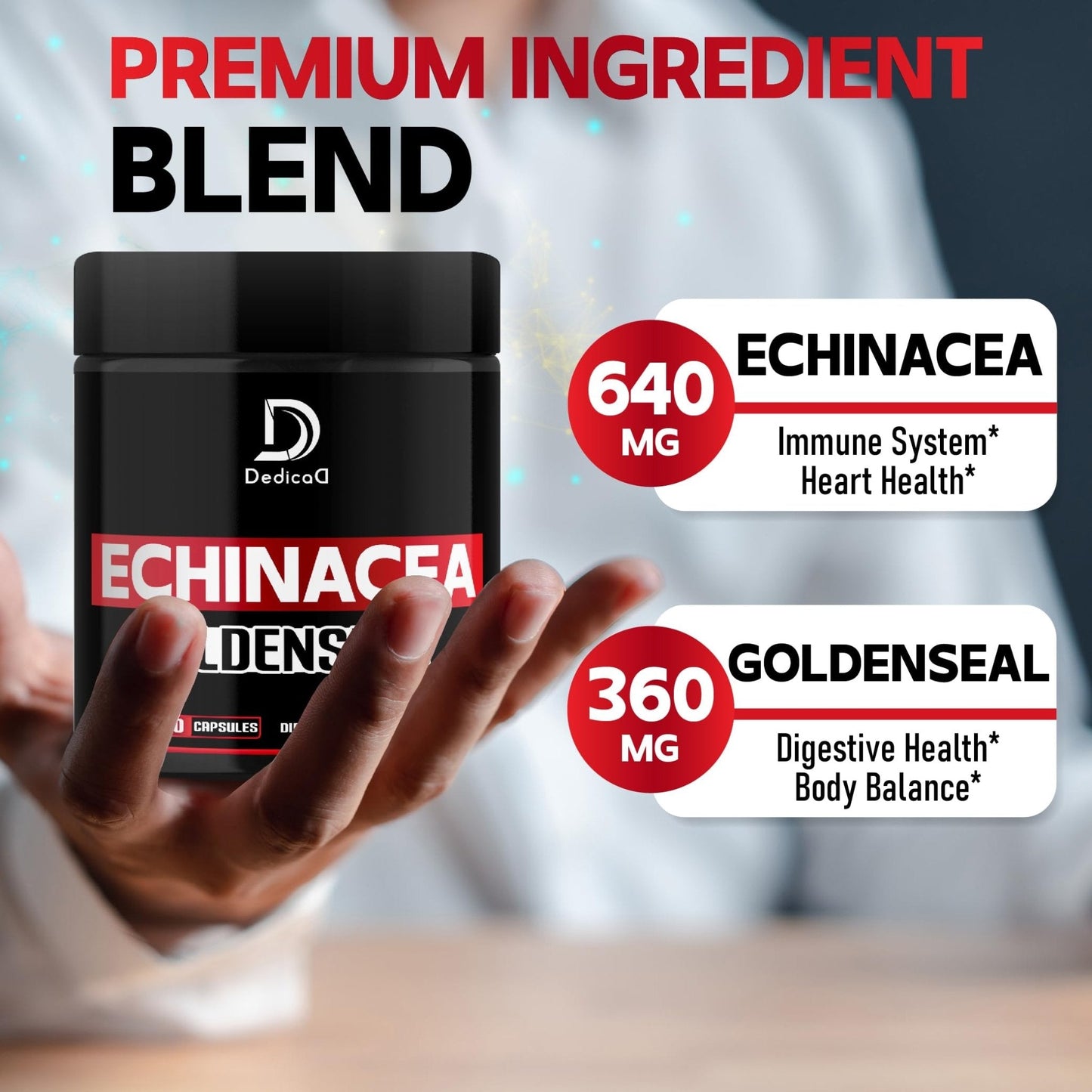 DEDICAD 1000mg Echinacea Goldenseal Capsules - Support Immune System, Well-Being & Overal Health - 60 Veggie Capsules - Non-GMO, Gluten-Free - Maple Wellness Supplements