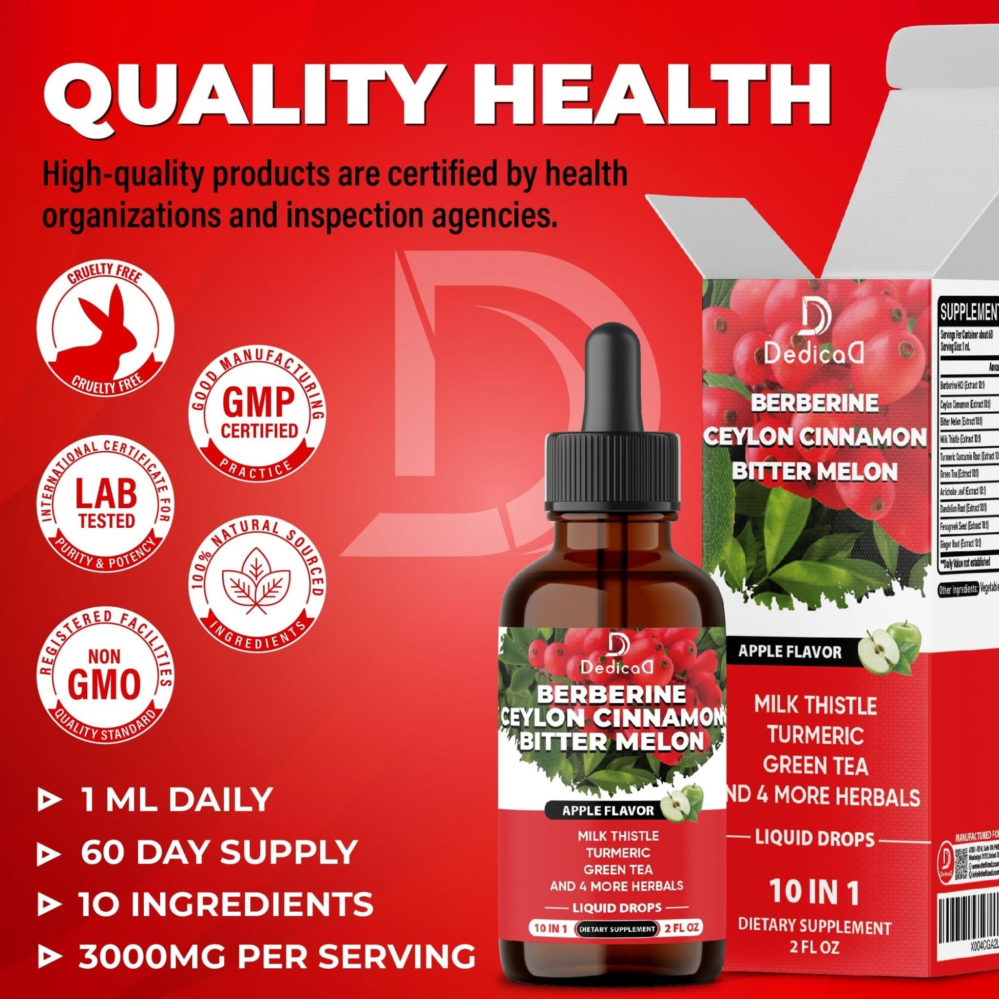 DEDICAD 10in1 Berberine HCl Drops - Liposomal Berberine Liquid - Activator Berberine with Ceylon Cinnamon, Bitter Melon, and 7 More - 60ml - Maple Wellness Supplements