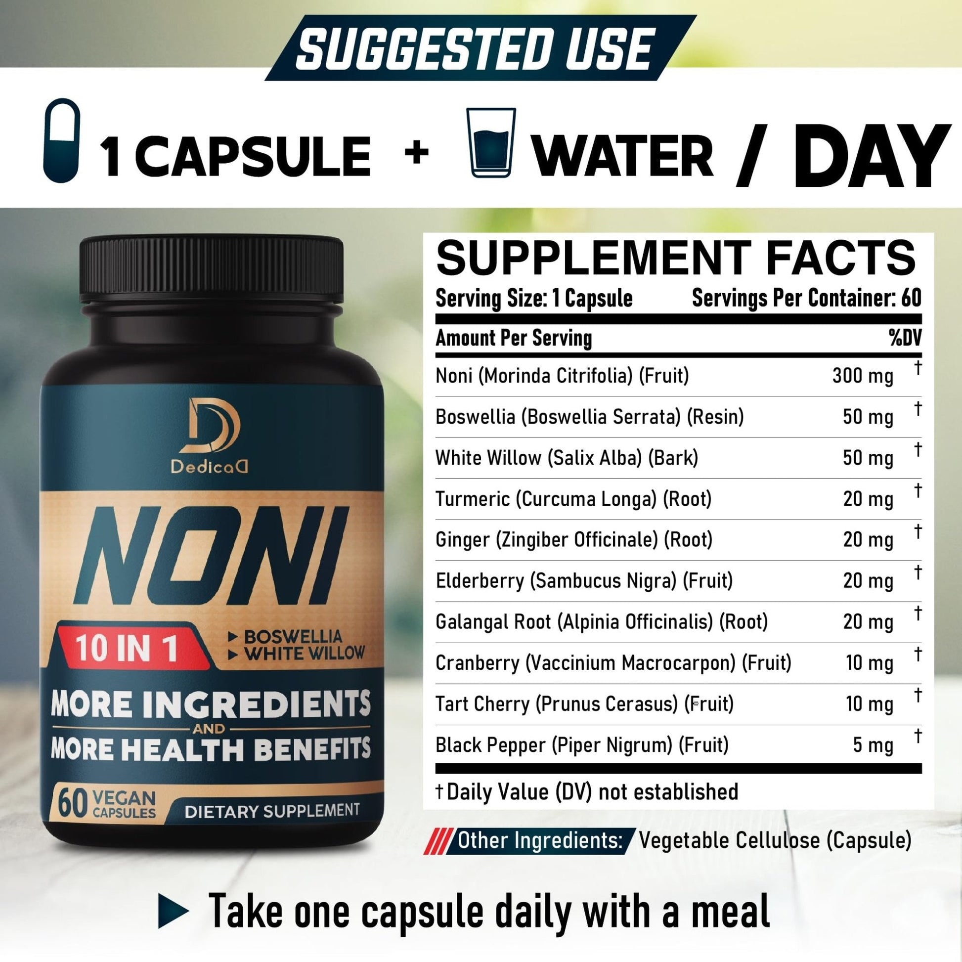 DEDICAD 10in1 Noni Capsules - 4 Month Supply with Elderberry, Boswellia, Turmeric, Ginger & More - Support Muscle, Joint, Digestive & Immune - 2 Packs of 60 Vegan Capsules, Non-GMO & Gluten-Free - Maple Wellness Supplements