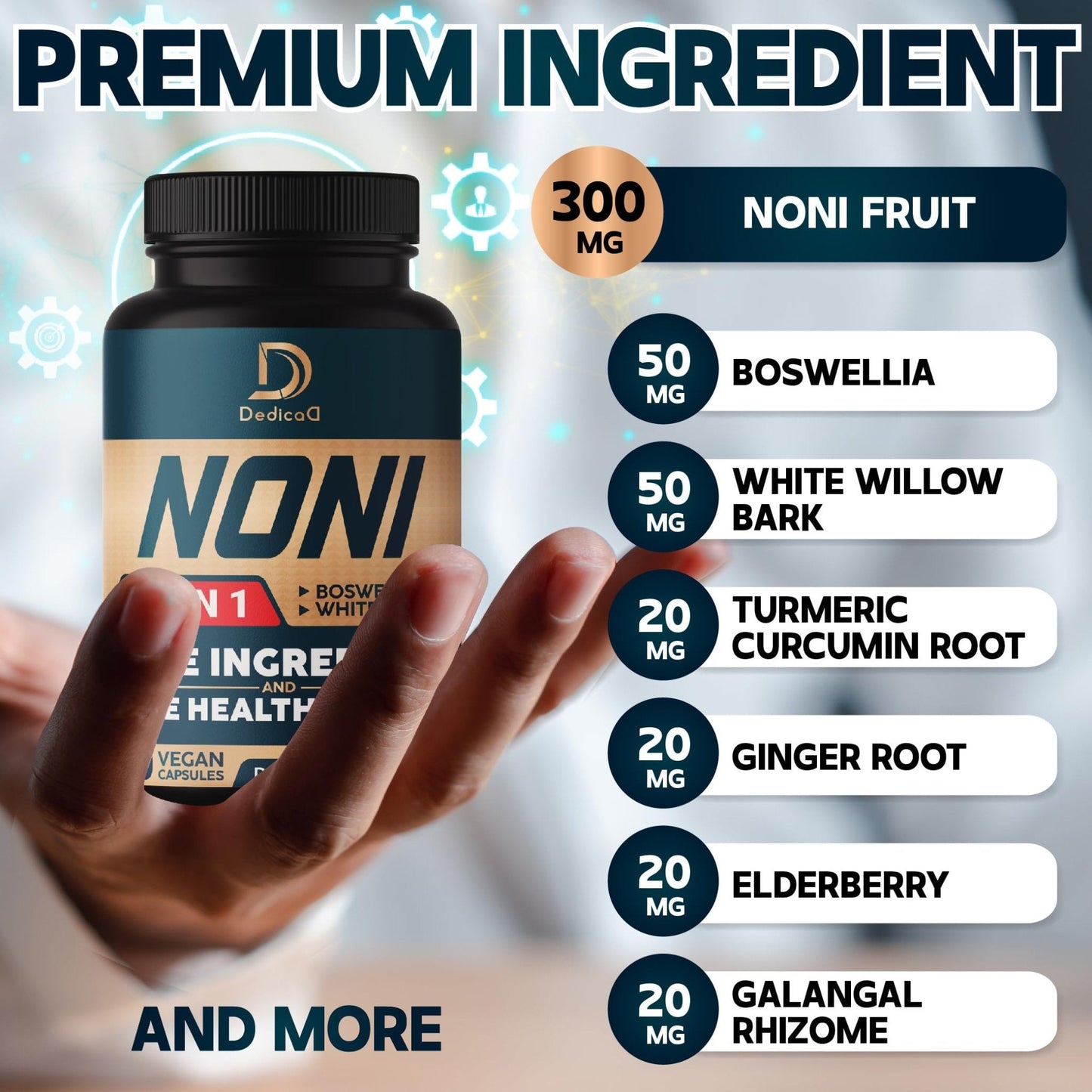 DEDICAD 10in1 Noni Capsules - 4 Month Supply with Elderberry, Boswellia, Turmeric, Ginger & More - Support Muscle, Joint, Digestive & Immune - 2 Packs of 60 Vegan Capsules, Non-GMO & Gluten-Free - Maple Wellness Supplements
