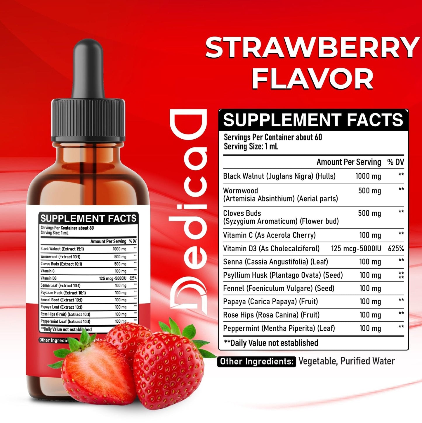 DEDICAD 11in1 Black Walnut Wormwood Cloves Liquid Drops with Cloves Buds, Senna Leaf, Psyllium Husk, Fennel Seed, Papaya Leaf and More - 2 oz Fl - 60 Days - Strawberry Flavor - Maple Wellness Supplements