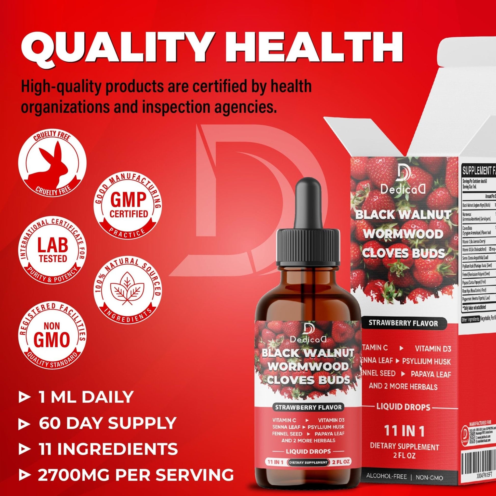 DEDICAD 11in1 Black Walnut Wormwood Cloves Liquid Drops with Cloves Buds, Senna Leaf, Psyllium Husk, Fennel Seed, Papaya Leaf and More - 2 oz Fl - 60 Days - Strawberry Flavor - Maple Wellness Supplements