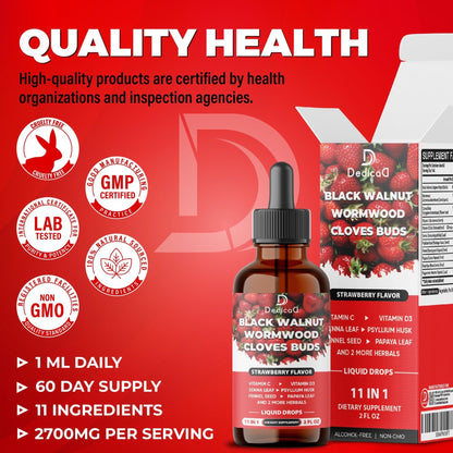 DEDICAD 11in1 Black Walnut Wormwood Cloves Liquid Drops with Cloves Buds, Senna Leaf, Psyllium Husk, Fennel Seed, Papaya Leaf and More - 2 oz Fl - 60 Days - Strawberry Flavor - Maple Wellness Supplements