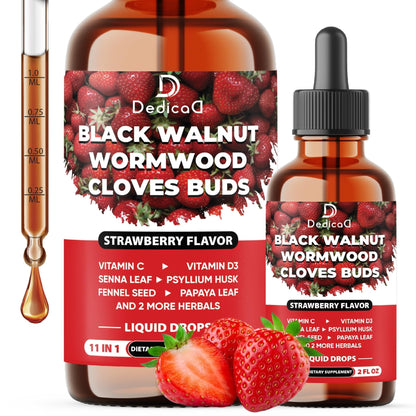 DEDICAD 11in1 Black Walnut Wormwood Cloves Liquid Drops with Cloves Buds, Senna Leaf, Psyllium Husk, Fennel Seed, Papaya Leaf and More - 2 oz Fl - 60 Days - Strawberry Flavor - Maple Wellness Supplements