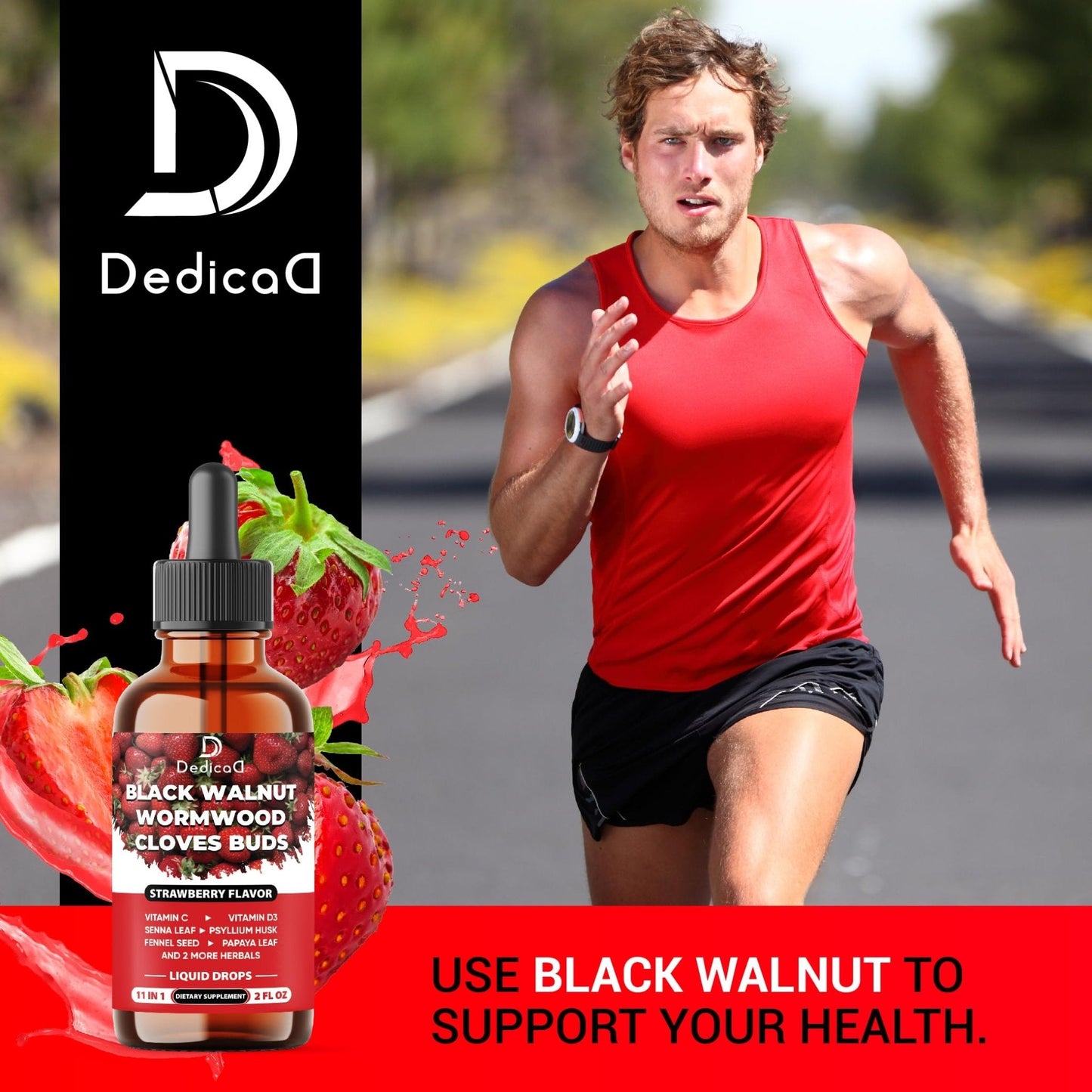 DEDICAD 11in1 Black Walnut Wormwood Cloves Liquid Drops with Cloves Buds, Senna Leaf, Psyllium Husk, Fennel Seed, Papaya Leaf and More - 2 oz Fl - 60 Days - Strawberry Flavor - Maple Wellness Supplements