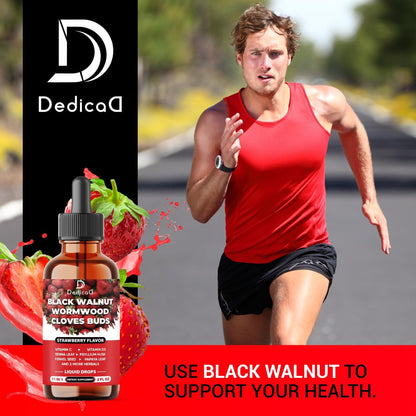 DEDICAD 11in1 Black Walnut Wormwood Cloves Liquid Drops with Cloves Buds, Senna Leaf, Psyllium Husk, Fennel Seed, Papaya Leaf and More - 2 oz Fl - 60 Days - Strawberry Flavor - Maple Wellness Supplements