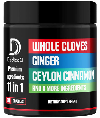 DEDICAD 11in1 Cloves Supplement with Ginger, Ceylon Cinnamon and 8 Other More - Digestive, Immune System, Mood Support - 60 Capsules - 30 Days Supply - Maple Wellness Supplements