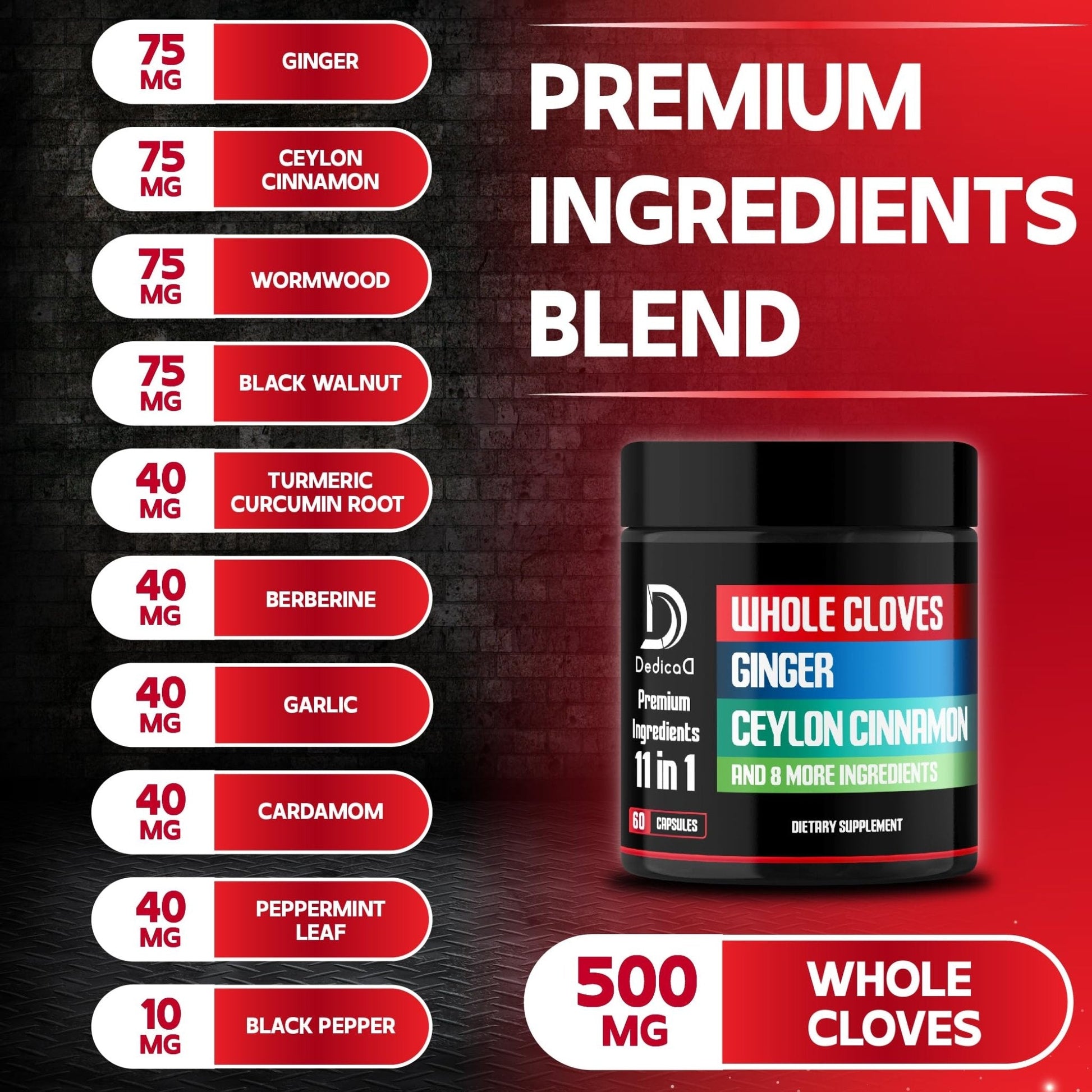 DEDICAD 11in1 Cloves Supplement with Ginger, Ceylon Cinnamon and 8 Other More - Digestive, Immune System, Mood Support - 60 Capsules - 30 Days Supply - Maple Wellness Supplements