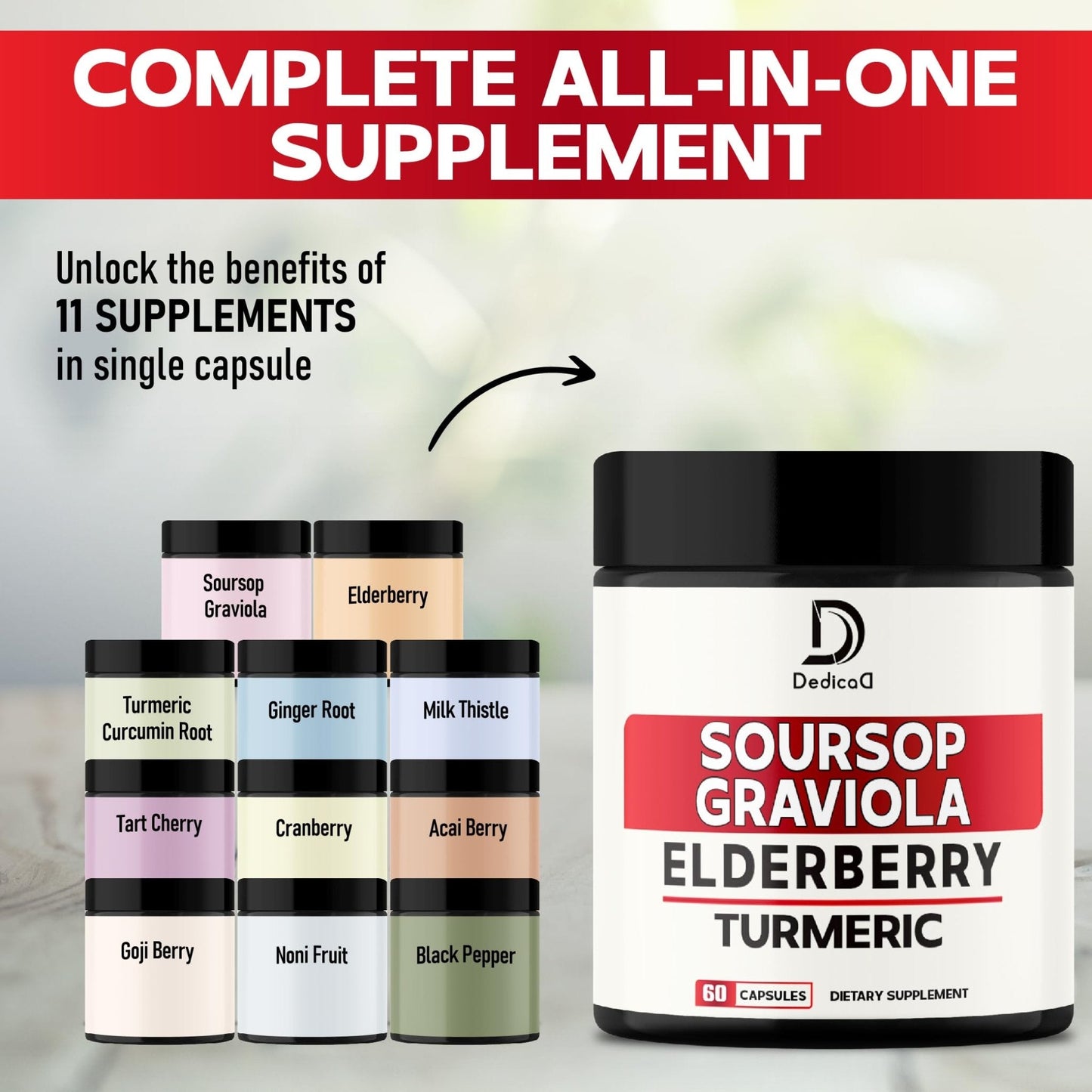 DEDICAD 11in1 Graviola Soursop Capsules - Blended with Elderberry, Turmeric, Ginger, Milk Thistle, Cranberry & More - Support Positive Mood, Immune System & Body Management - Maple Wellness Supplements
