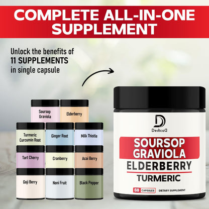 DEDICAD 11in1 Graviola Soursop Capsules - Blended with Elderberry, Turmeric, Ginger, Milk Thistle, Cranberry & More - Support Positive Mood, Immune System & Body Management - Maple Wellness Supplements